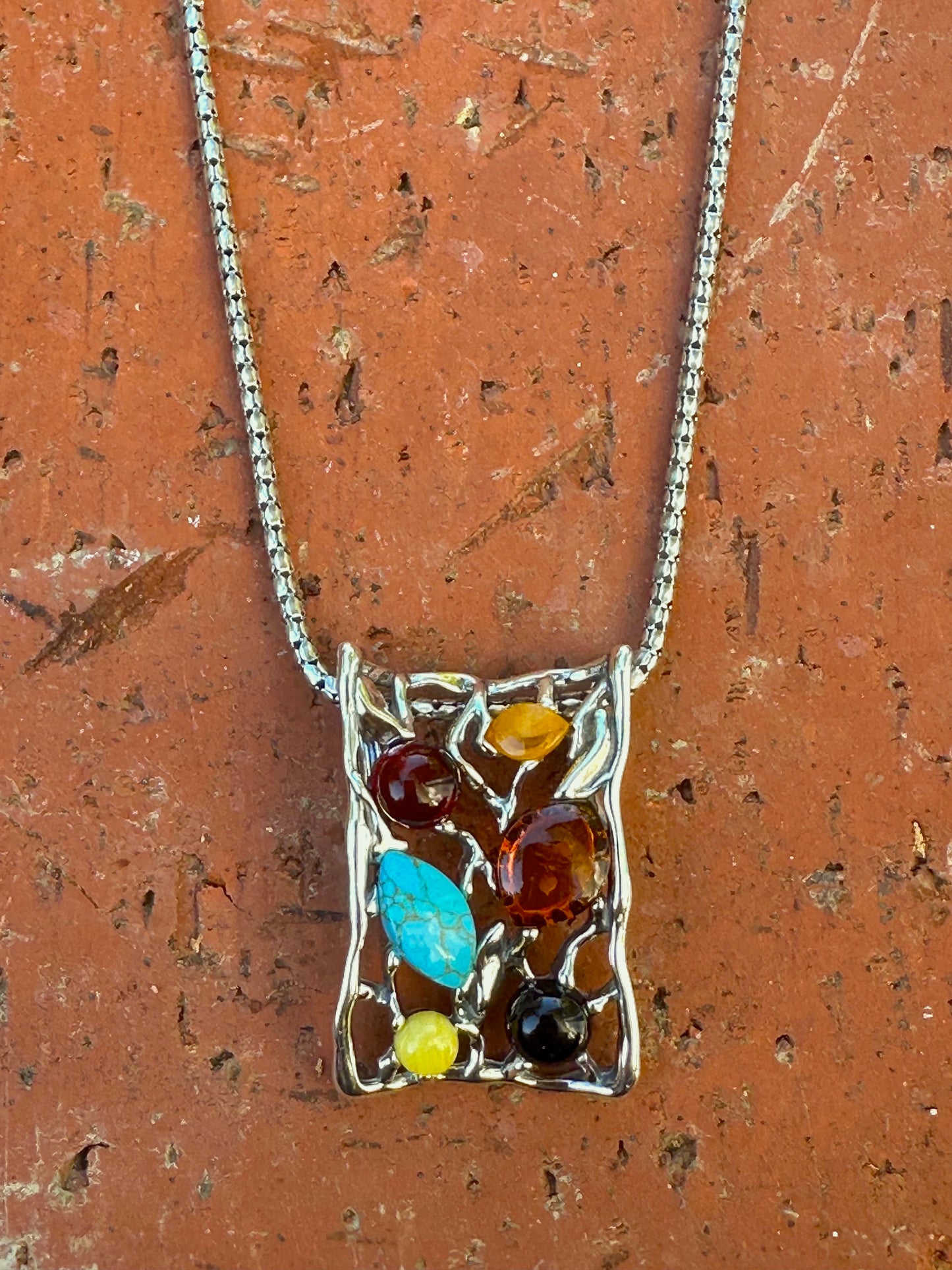 Big Rectangle Turquoise & Amber Decorative Sterling Silver Necklace