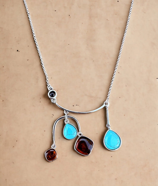 Turquoise & Amber Sterling Silver Necklace