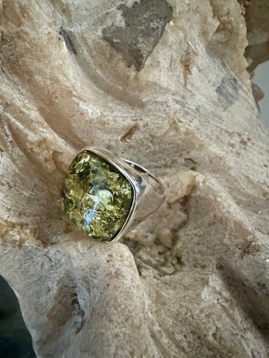 Green Amber Sterling Silver Ring