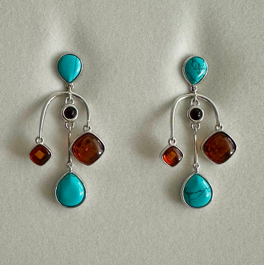 Turquoise Amber Sterling Silver Earrings