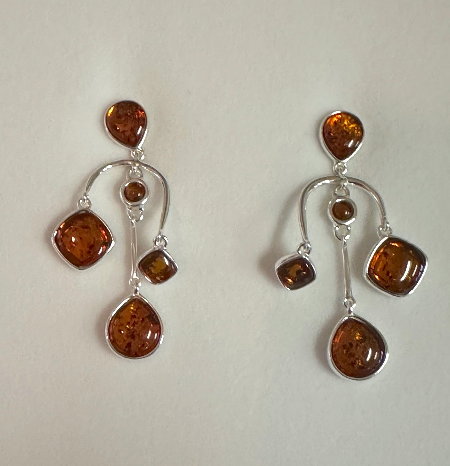 Long 5 Amber Pieces Sterling Silver Post Earrings