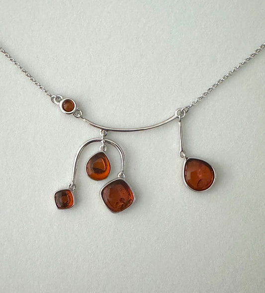 5 Amber Pieces Sterling Silver Necklace