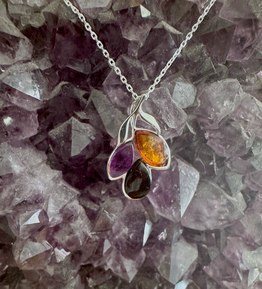 Honey Amber Amethyst Cherry Sterling Necklace