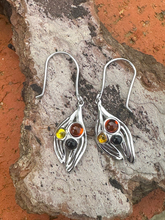 3 Amber Pieces Sterling Silver Earrings