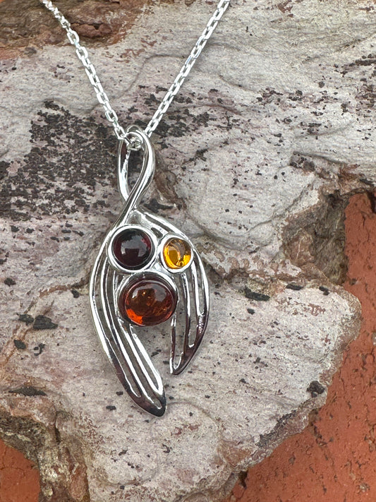 3 Amber Pieces Sterling Silver Necklace