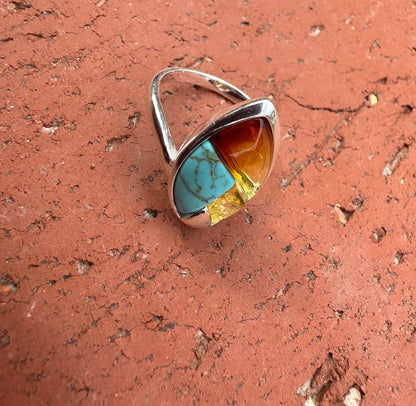 Turquoise & Amber Sterling Silver Ring