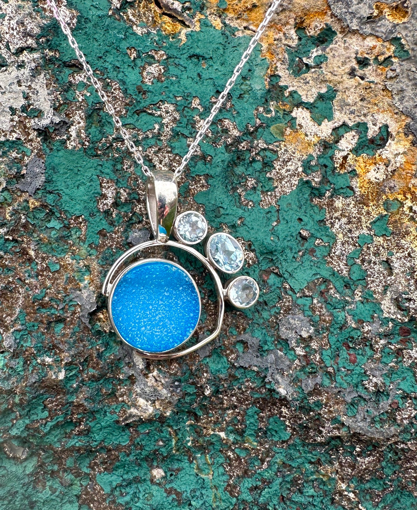 Blue Druzy & 3 Blue Topaz Stones Sterling Silver Necklace