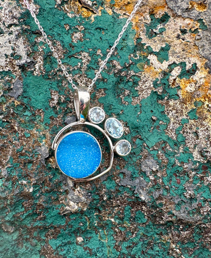 Blue Druzy & 3 Blue Topaz Stones Sterling Silver Necklace