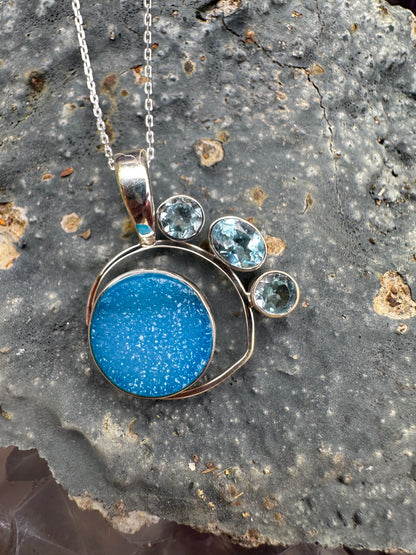 Blue Druzy & 3 Blue Topaz Stones Sterling Silver Necklace