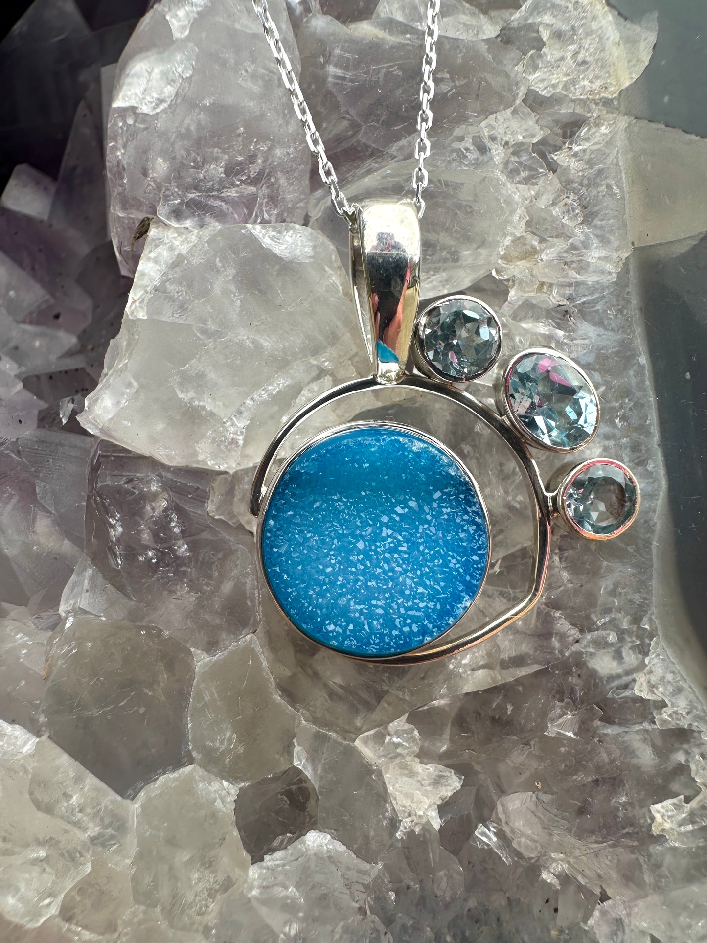 Blue Druzy & 3 Blue Topaz Stones Sterling Silver Necklace