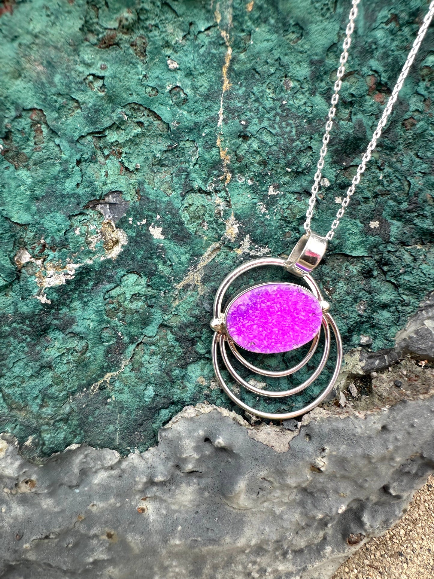 Purple Druzy Oval 3 Wires Sterling Silver Necklace