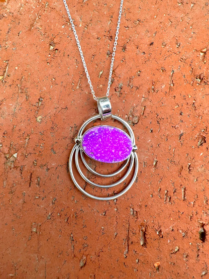 Purple Druzy Oval 3 Wires Sterling Silver Necklace
