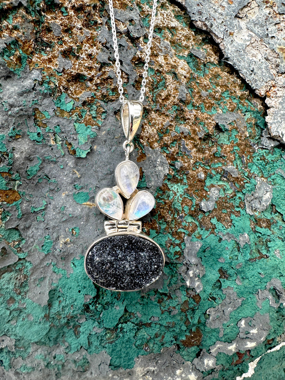 Black Druzy Moon Stone Necklace