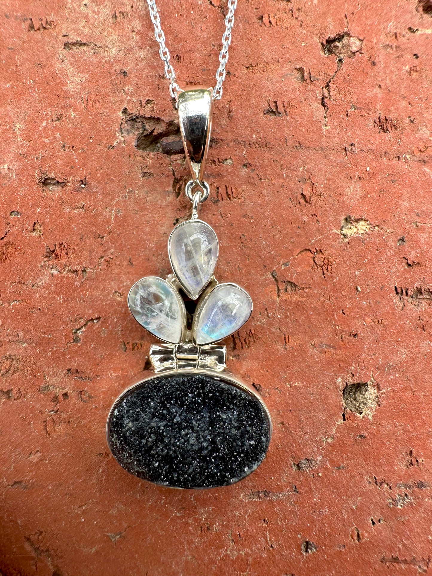 Black Druzy & Moonstone Sterling Silver Necklace
