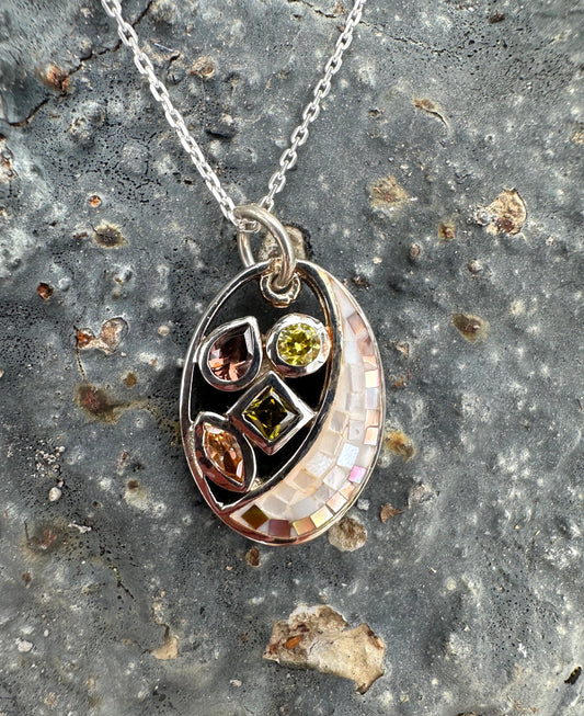 Mosaic 4 Warm Colors Sterling Silver Necklace