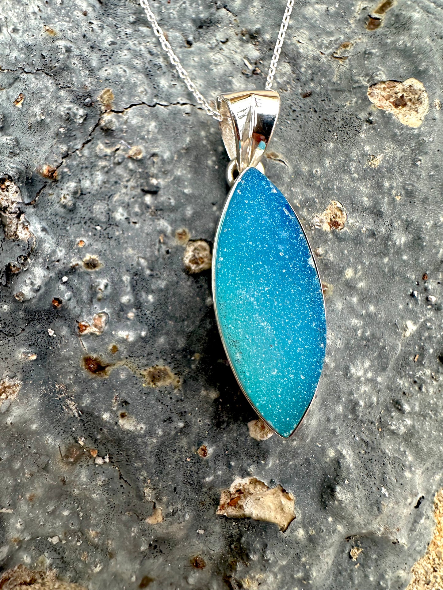 Blue Druzy Oval Sterling Silver Necklace