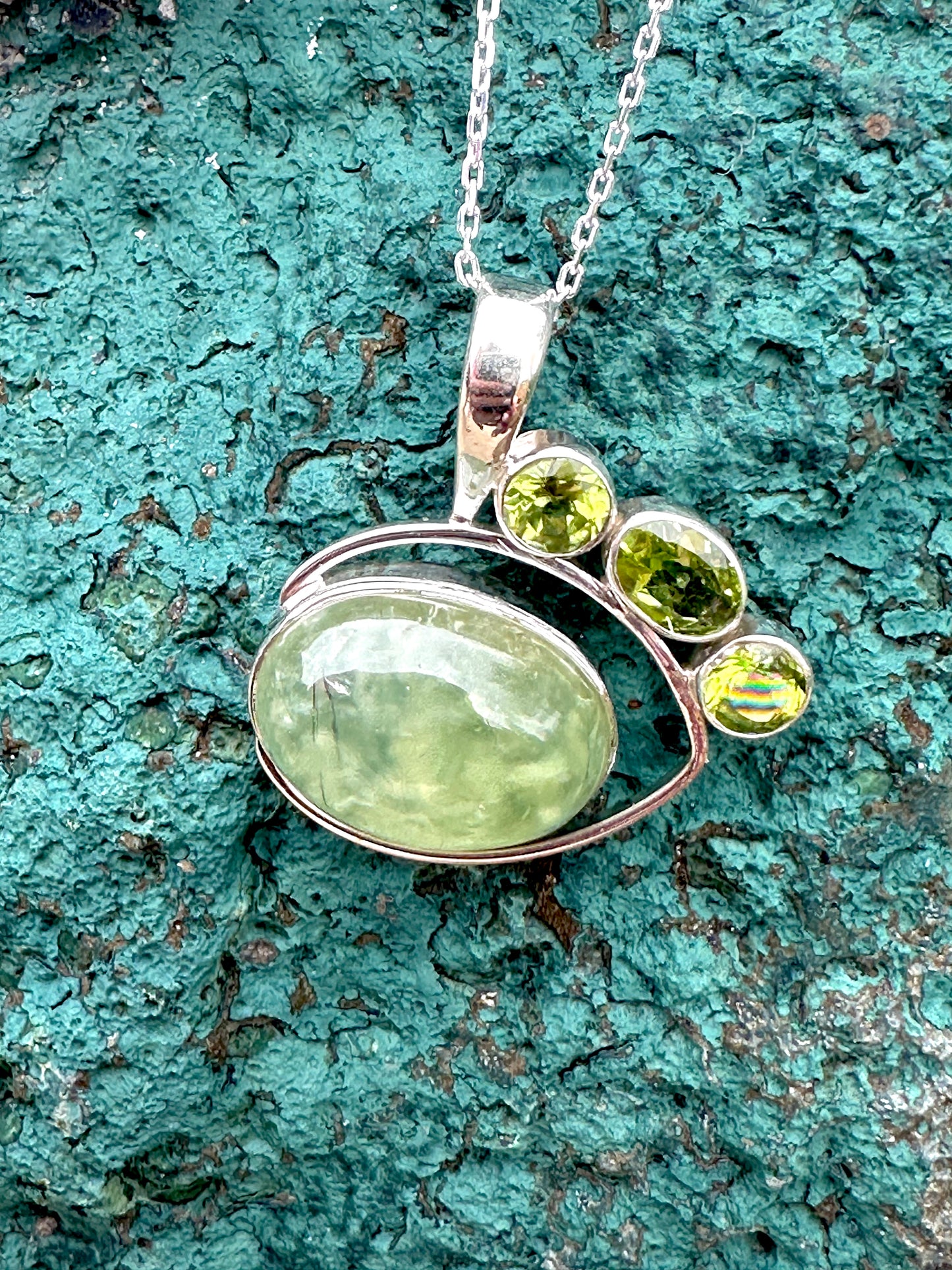 Green Quartz & 3 Peridot Druzy Sterling Silver Necklace