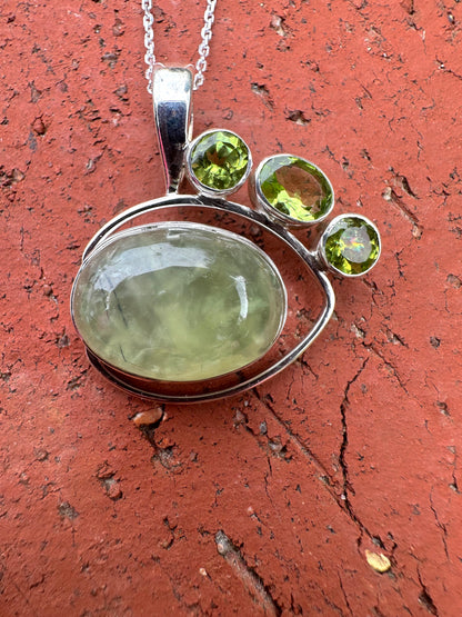 Green Quartz & 3 Peridot Druzy Sterling Silver Necklace