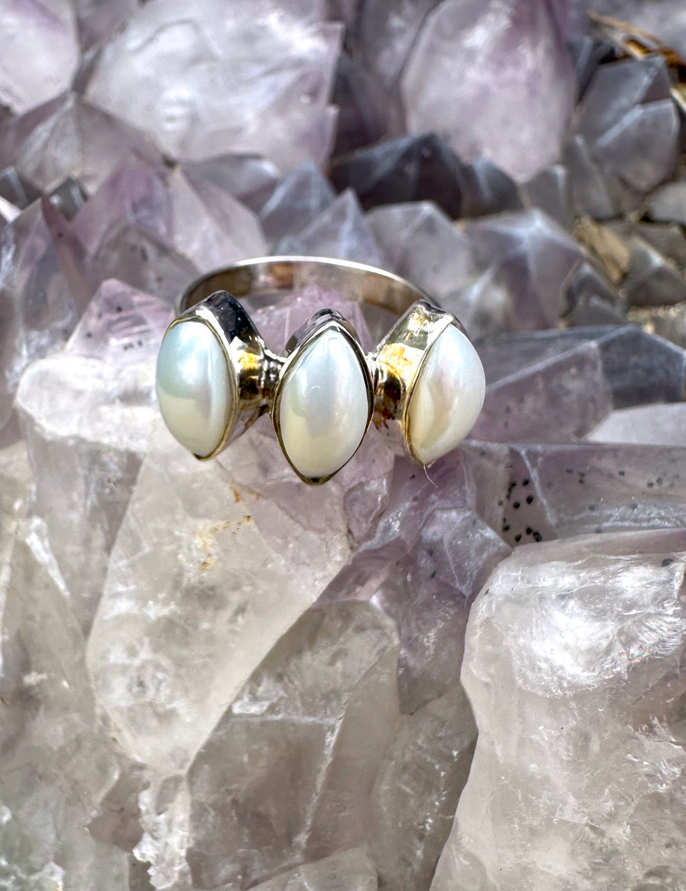 Sterling Silver 3 Marquise Pearls Ring