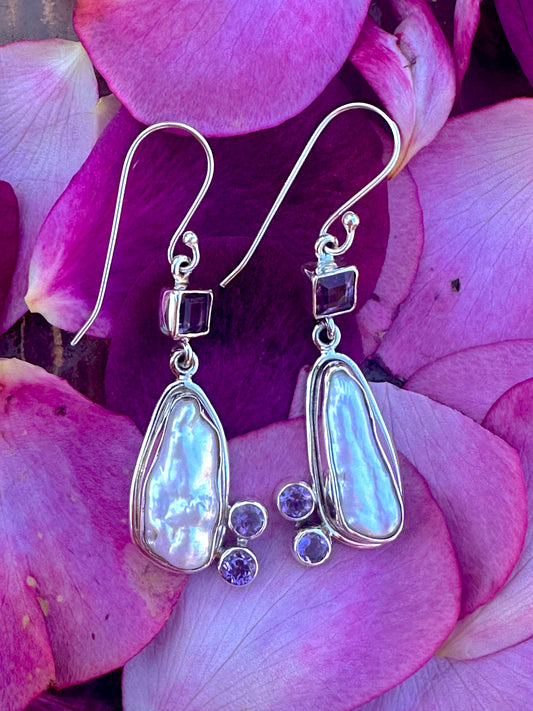 Long Biwa Pearls & Amethyst Sterling Earrings