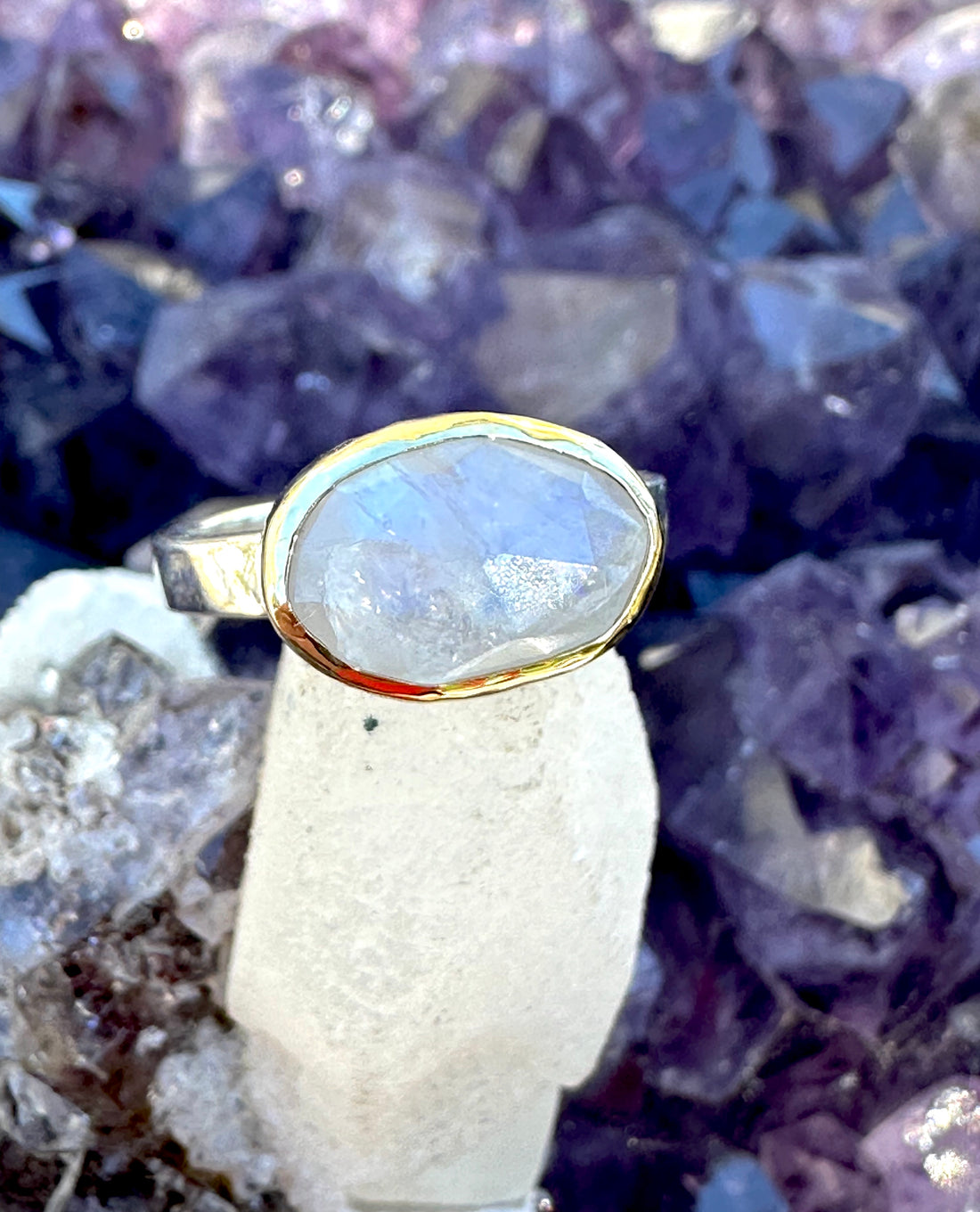 Solid Gold Sterling Faceted Moon Stone Ring