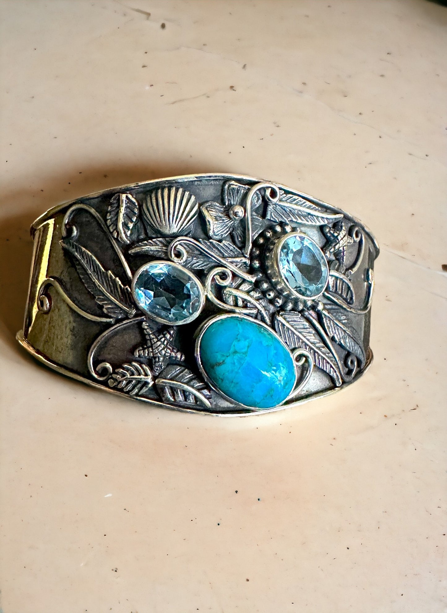 Oval Blue Topaz & Turquoise Sterling Silver Cuff Bracelet