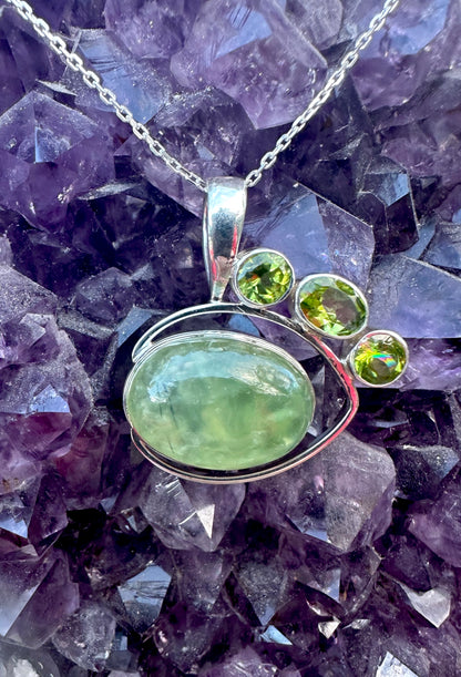 Green Quartz & 3 Peridot Druzy Sterling Silver Necklace