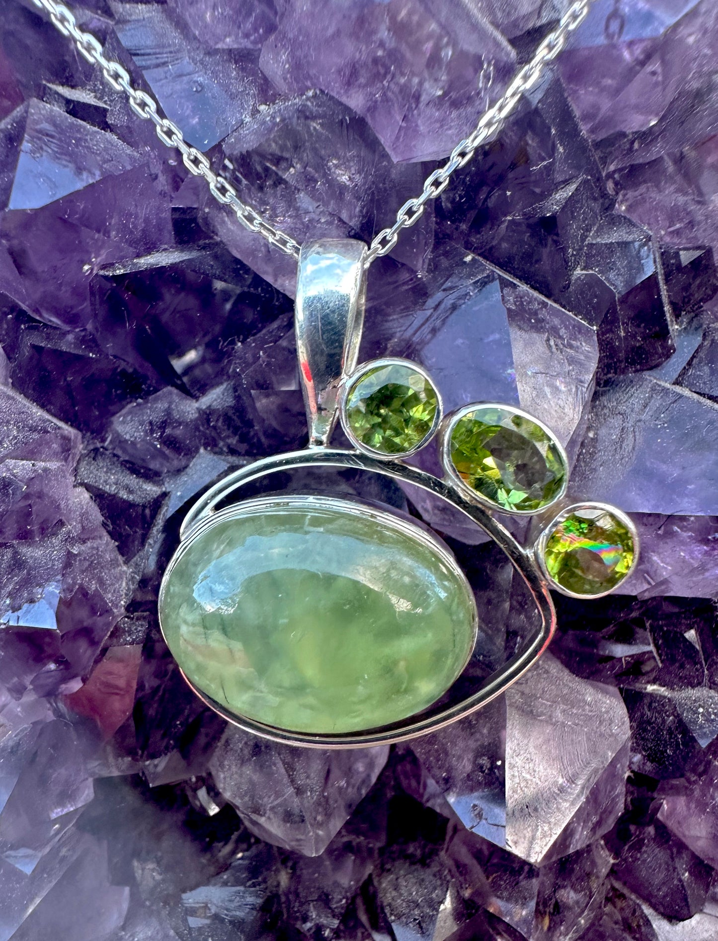 Green Quartz & 3 Peridot Druzy Sterling Silver Necklace