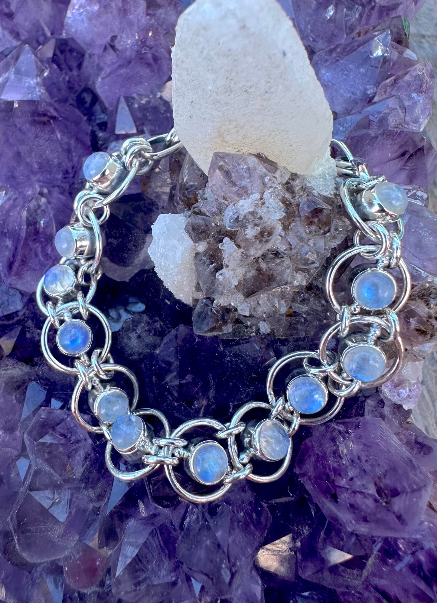 12 Moonstone Round Sterling Silver Bracelet