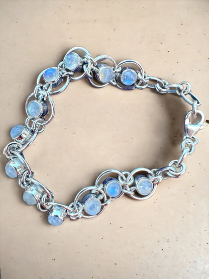 12 Moonstone Round Sterling Silver Bracelet