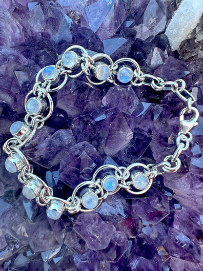 12 Moonstone Round Sterling Silver Bracelet