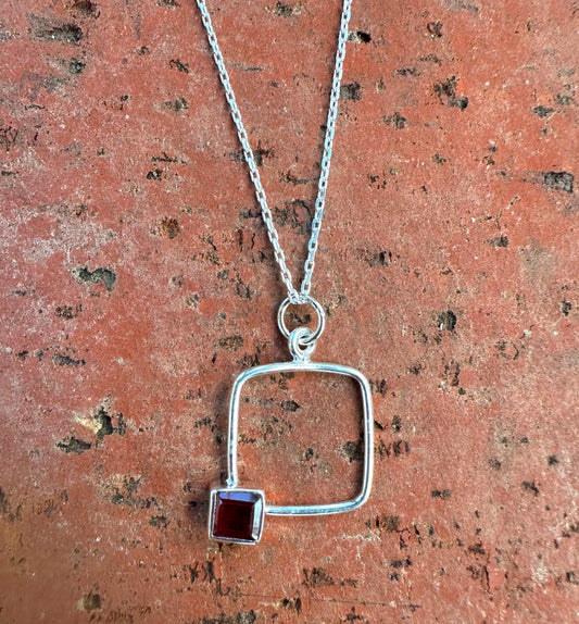 "Out of the Box" Square Garnet Sterling Silver Necklace