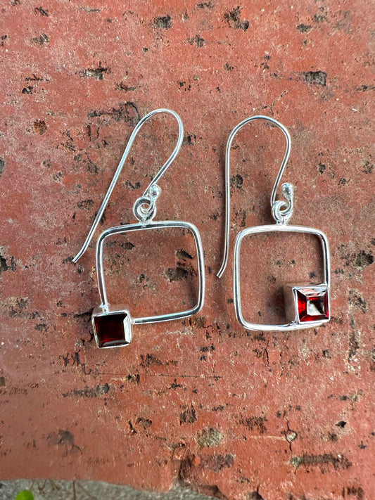 "Out of the Box" Square Garnet Sterling Silver Earrings