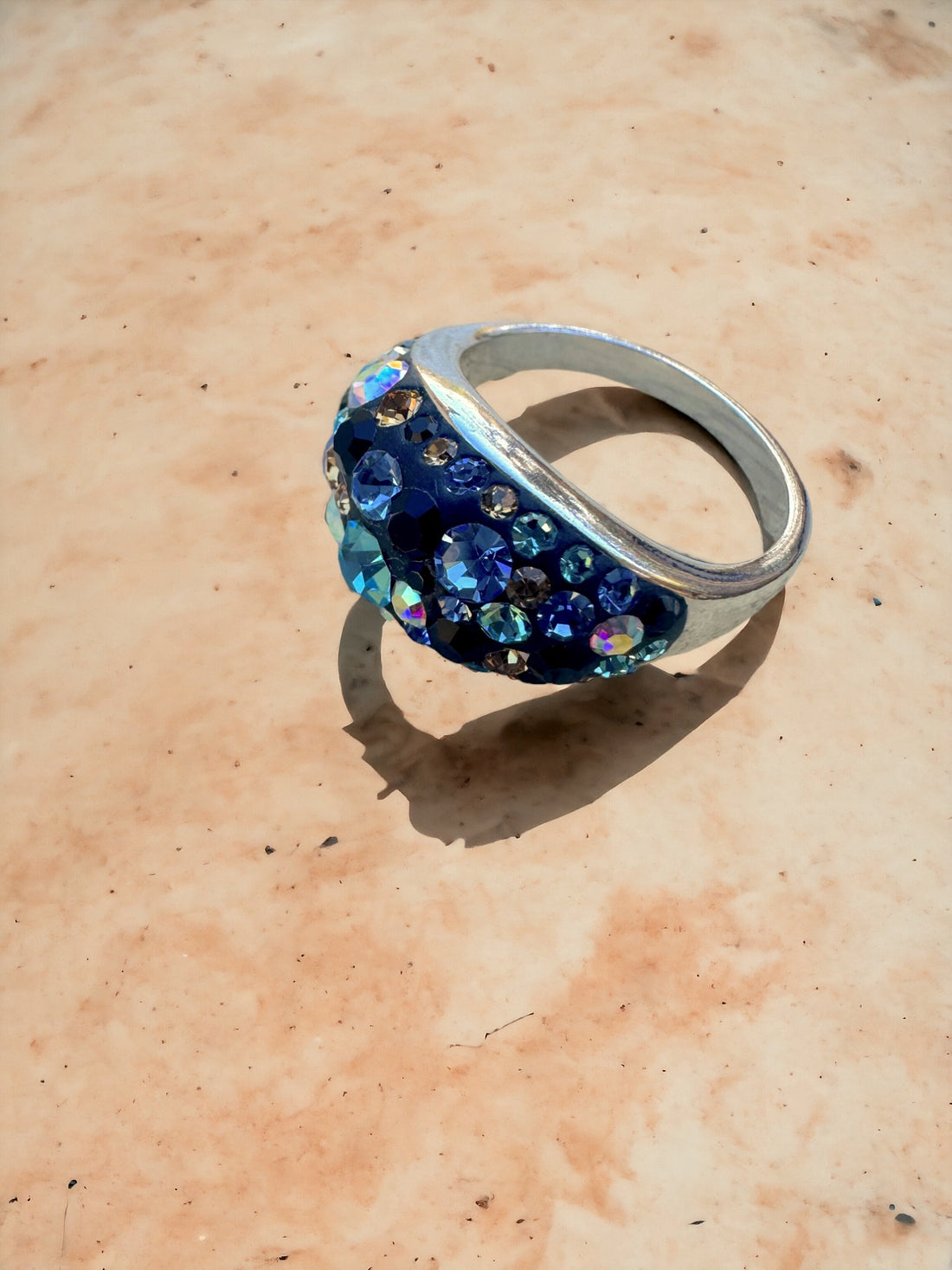 Sterling Silver Austrian Crystal Swarovski Blues Tan Multi Color Ring