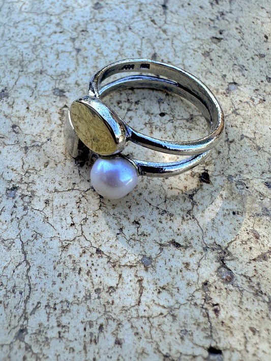 Oval Solid Gold, Square Sterling Pearl Ring