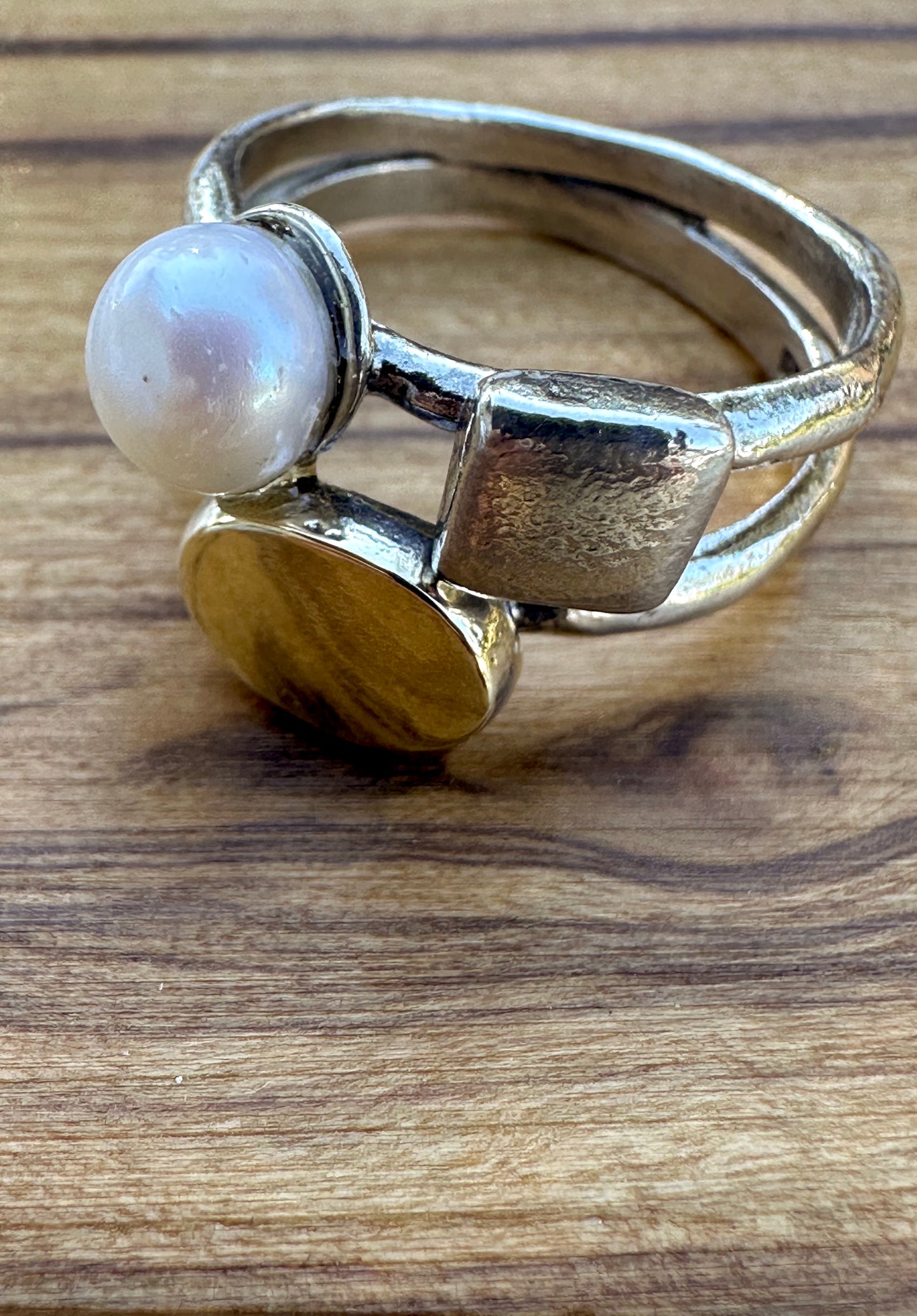 Oval Solid Gold, Square Sterling Pearl Ring