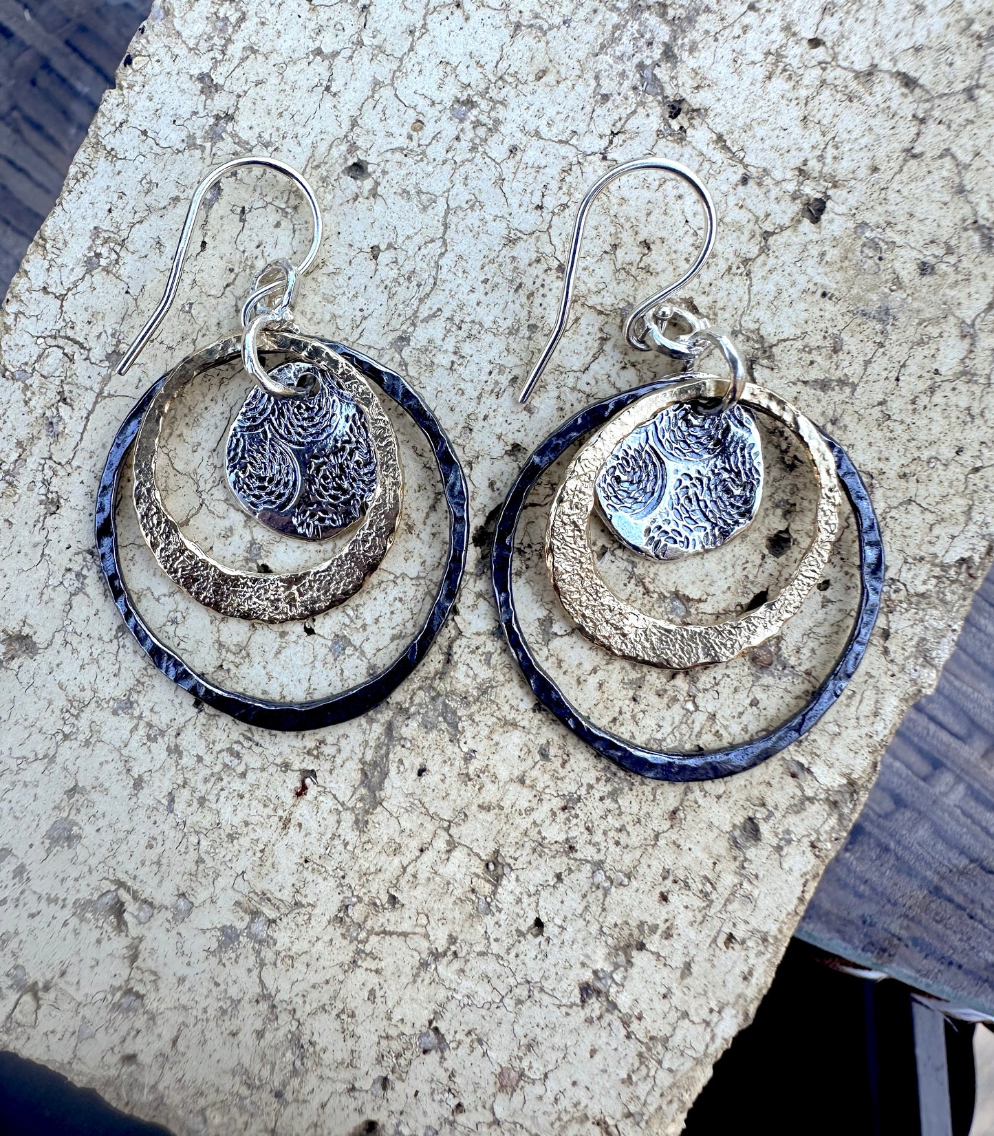 3 Circles, 2 Oxidized Circles & Gold Plated Circle Earrings