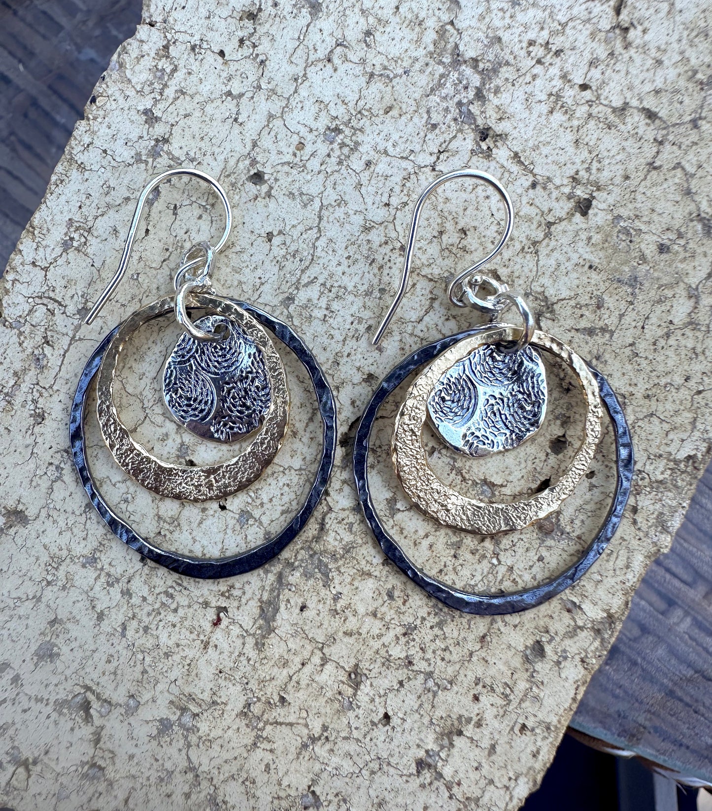 3 Circles, 2 Oxidized Circles & Gold Plated Circle Earrings