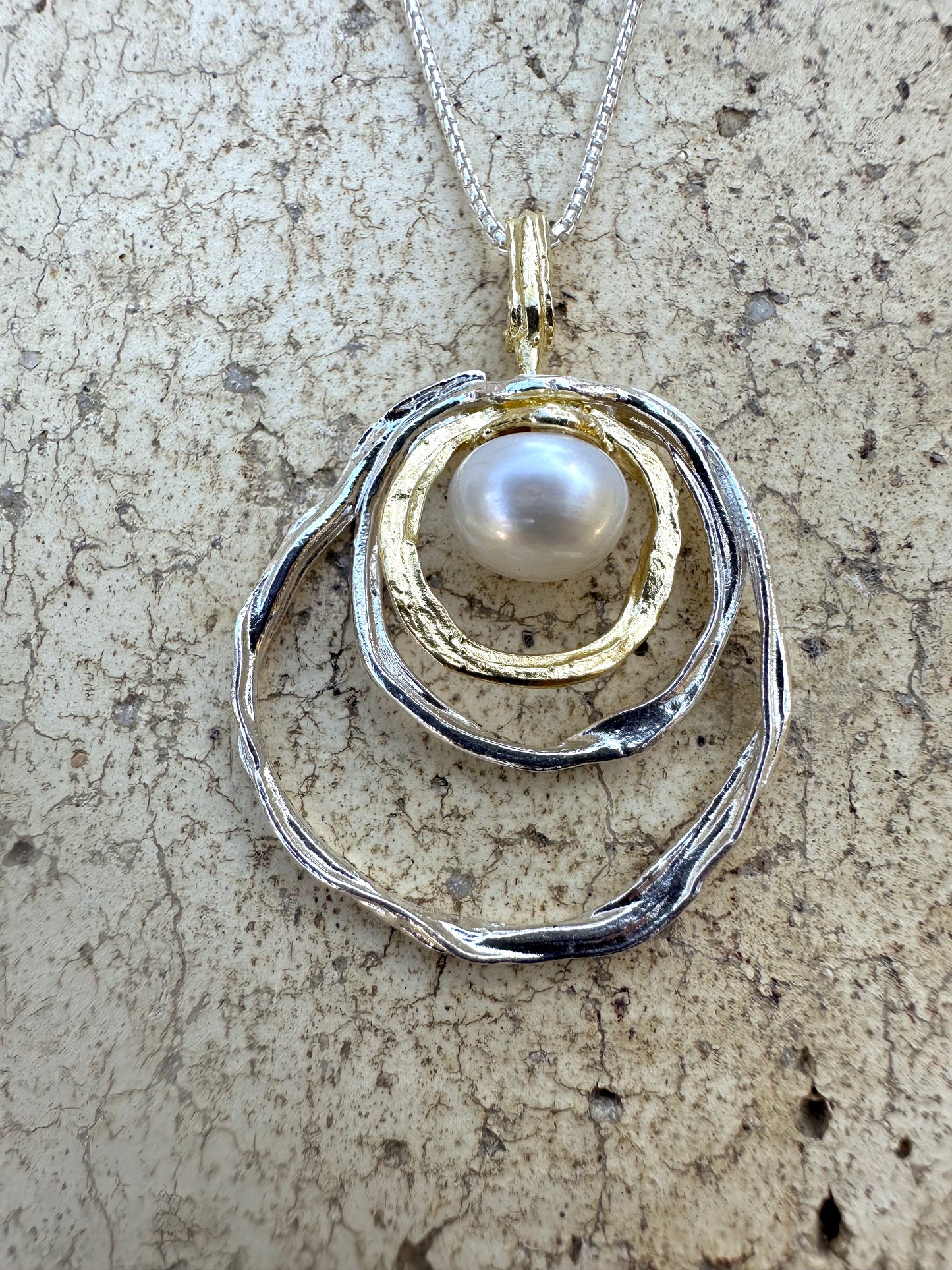 White Pearl 3 Loops and Gold Plated Sterling Silver Neck