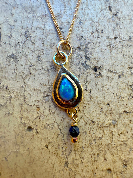 Teardrop Opal & Lapis Gold Plated Over Sterling Pendant Gold Filled Chain