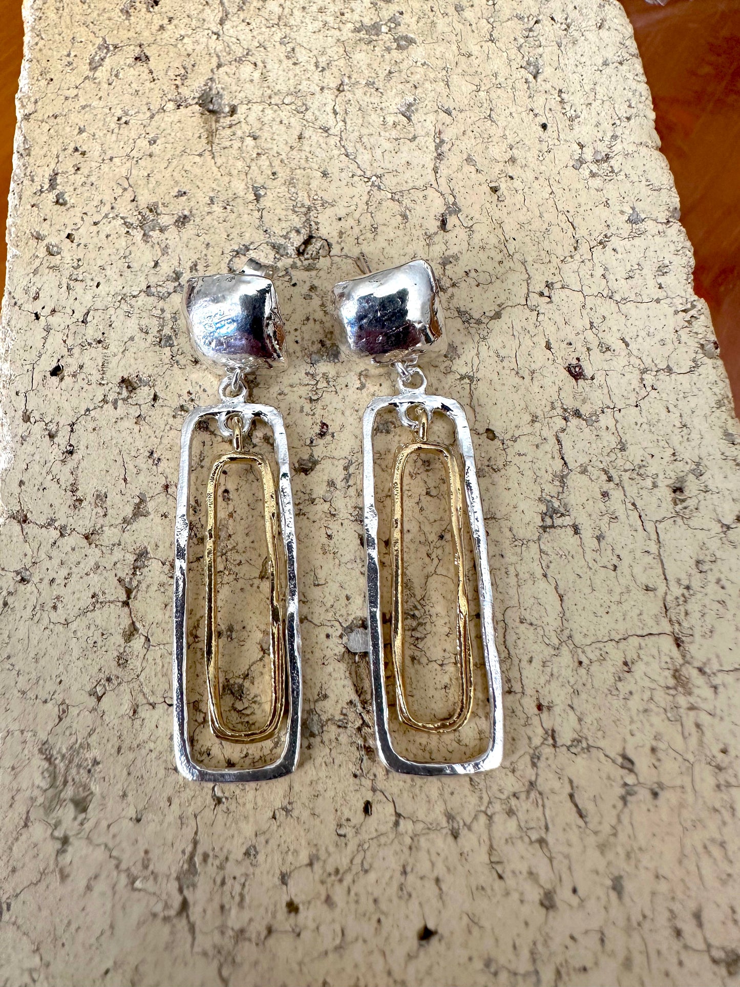 Gold & Square Sterling on Top of Rectangle Post Earring