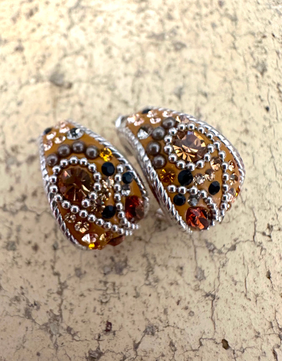 Sterling Silver Orange and Brown Crystals Hoop Post Earrings