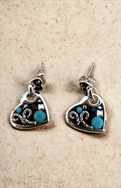 Black & Turquoise Austrian Crystal Sterling Silver Heart Earrings