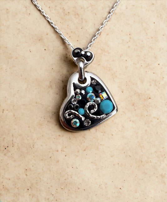 Black & Turquoise Austrian Crystal Sterling Silver Heart Necklace