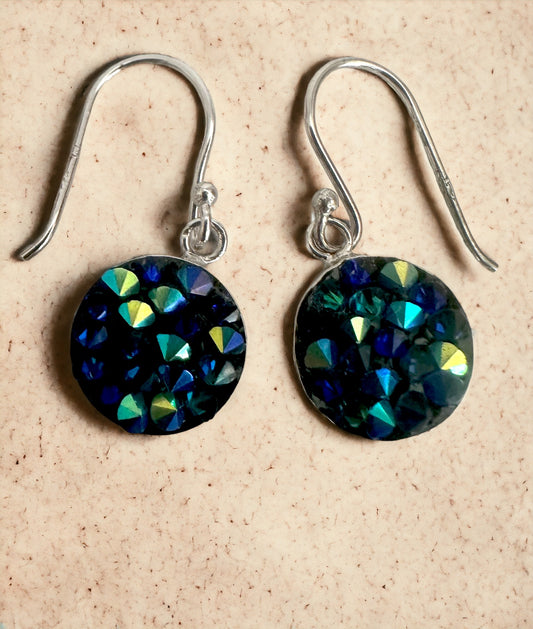 Blue & Green Austrian Crystal Small Round Sterling Silver Earrings