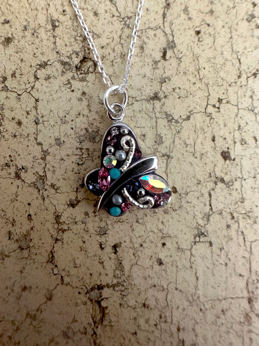 Multi-Color Austrian Crystal Sterling Silver Butterfly Necklace