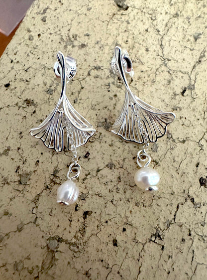 Wire Shell Teardrop Small White Pearl Sterling Silver Post Earrings