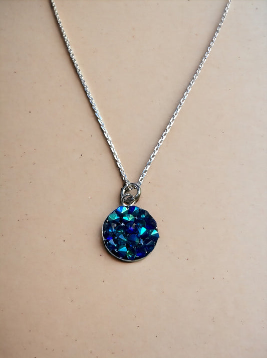 Blue & Green Austrian Crystal Sterling Silver Small Round Necklace