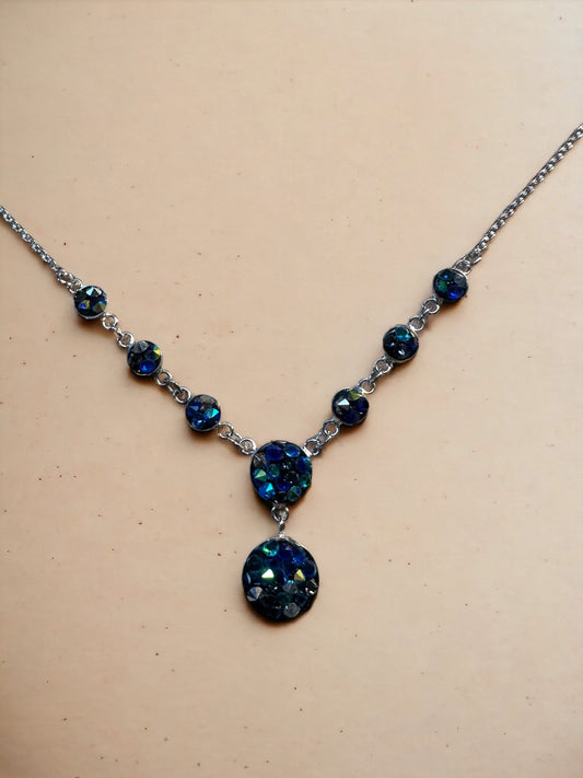 Blue & Green 8 Parts Austrian Crystal Sterling Silver Necklace