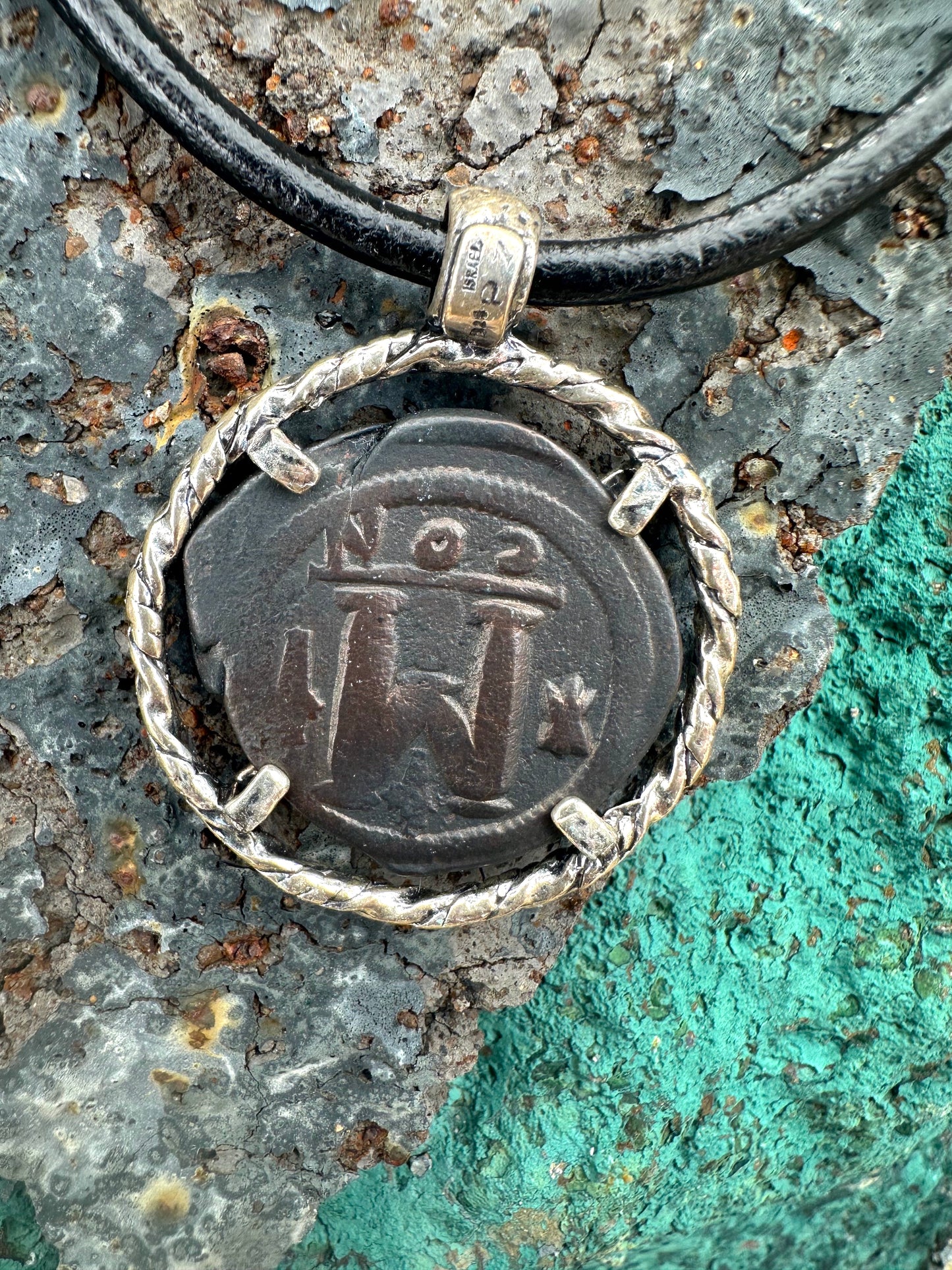Big "M" Ancient Roman Coin Round Leather Necklace